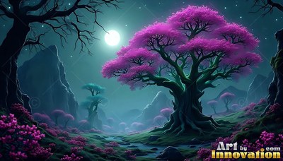 A pink blossom tree stands on a hill under a bright moon