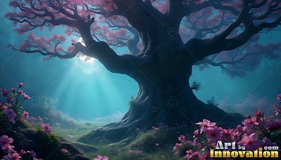 Pink leaves cover a thick tree standing in a deep forest under bright moonlight