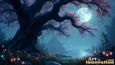 A gnarled tree with pink leaves spreads over quiet water under a bright moon in the blue night