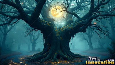 Branches spread wide on a crooked old tree beneath a bright moon in blue fog
