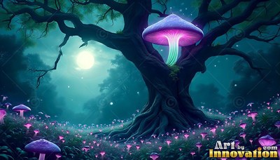 A bright purple mushroom grows in a twisted tree under the moon