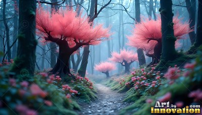 In a foggy blue forest, pink blossoming trees line a narrow dirt path
