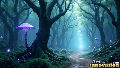Growing by a dirt path, a tall purple mushroom stands in a misty teal forest