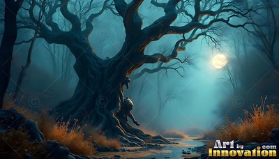 Twisted bare tree beside a creek under the shining full moon in blue mist