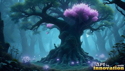 Pink blossoms crown a thick mossy tree rooted in a blue foggy forest with shining plants