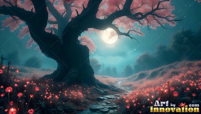 A pink blossom tree stands on a hill beside a bright moon in a teal sky