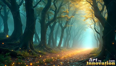 Looking straight down a dirt path through dark trees lit with warm yellow sparks