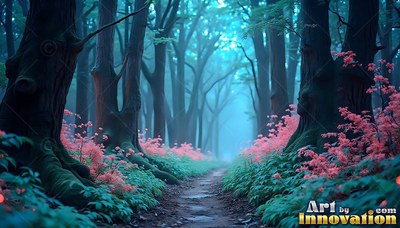 A dirt path leads through dark trees lined with pink bushes in teal fog