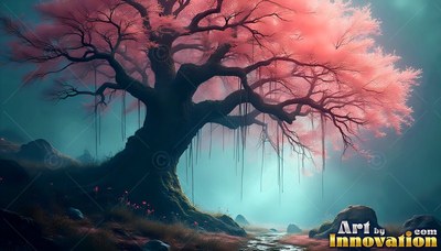 In a teal misty valley, a large tree spreads pink blossoms above a stream