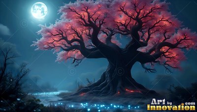 Spreading over a dark stream, an ancient tree with pink blossoms stands under a round moon