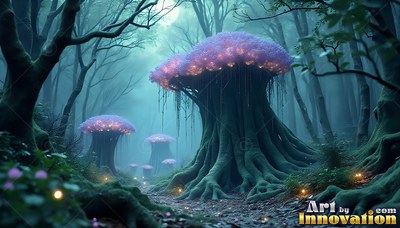 Mushroom-shaped trees with purple blossoms in a dark teal forest