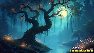 Hanging moss drapes from a twisted tree beside water under a shining full moon in teal fog