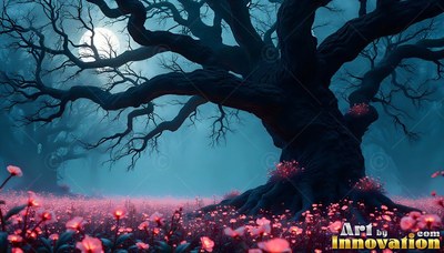 An ancient tree spreads wide branches over a field of pink flowers under a blue full moon