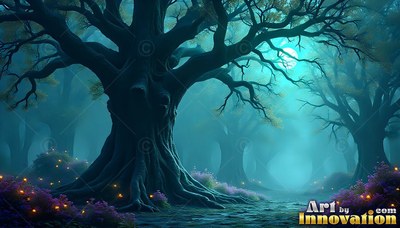 Spreading wide in a teal forest, an ancient tree stands under moonlight