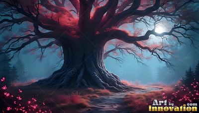 An old tree with pink leaves stands beside a path under a bright moon in the blue mist