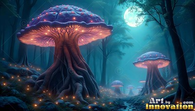 In a moonlit forest, large pink mushrooms with thick roots rise up from the dark moss