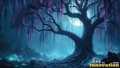 Standing under a round moon, a gnarled tree spreads branches hung with purple moss in teal fog
