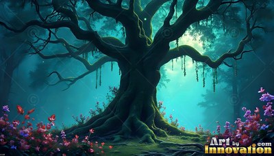 An ancient mossy tree stands in teal light by pink flowers