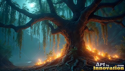 Thick gnarled branches on a broad tree stretch over small orange lights in misty blue woods