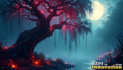 A gnarled tree leans over dark water, dotted with tiny red lights under a full moon