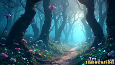 Bending over a trail in a teal forest, dark trees frame small pink flowers