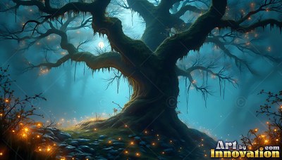 An old mossy tree sits in blue fog with fireflies around its roots