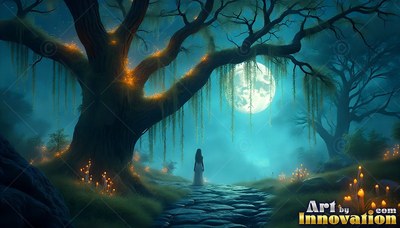 On a moonlit forest path, a person in a white gown stands beneath a large tree