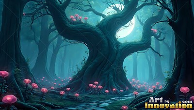 Standing in teal mist, an ancient tree rises beside pink mushrooms under a bright moon