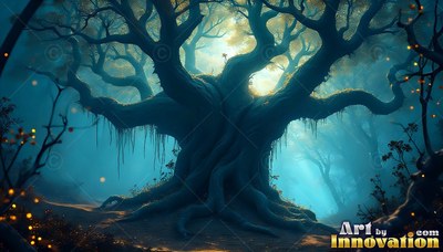 A twisted old tree stands in blue mist with yellow fireflies