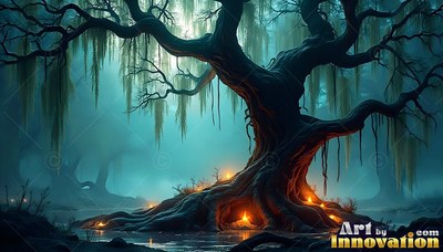 Hanging moss drapes from an ancient twisted tree resting in a misty blue swamp with warm light at its roots