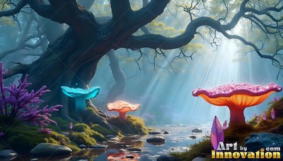 Large mushrooms grow along a creek under pale sunbeams filtering through a forest