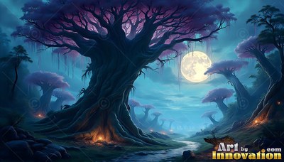 Twisting upright in a teal forest, a wide tree stands beside a creek under the moon