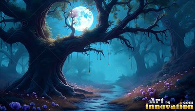 A gnarled old tree frames a bright full moon over a small creek in blue mist