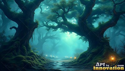 Along a misty teal forest path, small lanterns shine beneath mossy trees