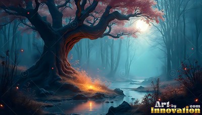 Bending over a misty stream, an old tree with pink leaves stands in pale moonlight