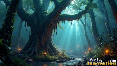 Large gnarled tree beside a stream with blue light through mist