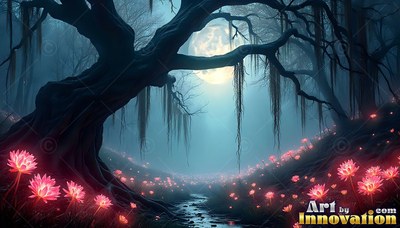 Hanging moss d rapes from an old tree beside pink flowers in a dim forest under a shining full moon