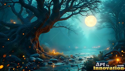 A gnarled tree stands beside a rocky stream under a bright yellow moon