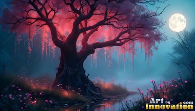 Standing twisted by a misty stream, an old tree with pink leaves under a full moon