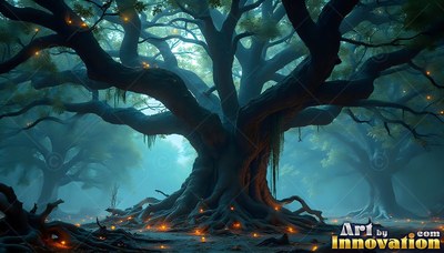A wide twisted oak tree spreading over blue mist with tiny orange fireflies around it
