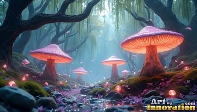 In a dark misty forest , pink mushrooms light up along a rocky stream