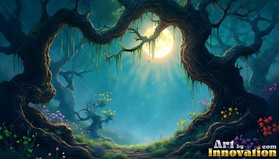 Arching overhead, twisted tree trunks frame a bright moon shining in teal mist