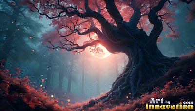 Old twisted tree with red leaves against a bright moon