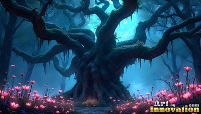 A twisted tree spreads thick branches above pink flowers under pale blue light