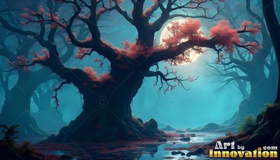 Spread wide across a misty teal forest, an old tree stands by a round moon