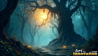 An old twisted tree stands beside a stone path under a round moon in teal mist