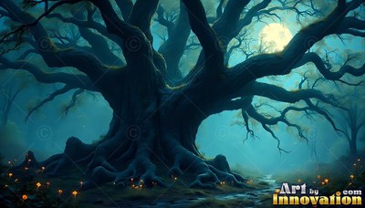 In a blue night forest, an old twisted oak stands under the moon
