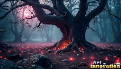 Stretching dark bare branches, an old tree stands in blue mist above tiny red fires