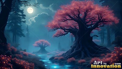 A large pink tree by a stream under a bright full moon