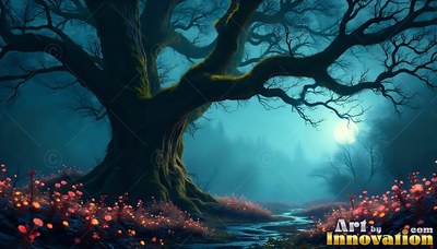 Mossy bark covers a thick oak tree beside a creek under the blue moonlit sky